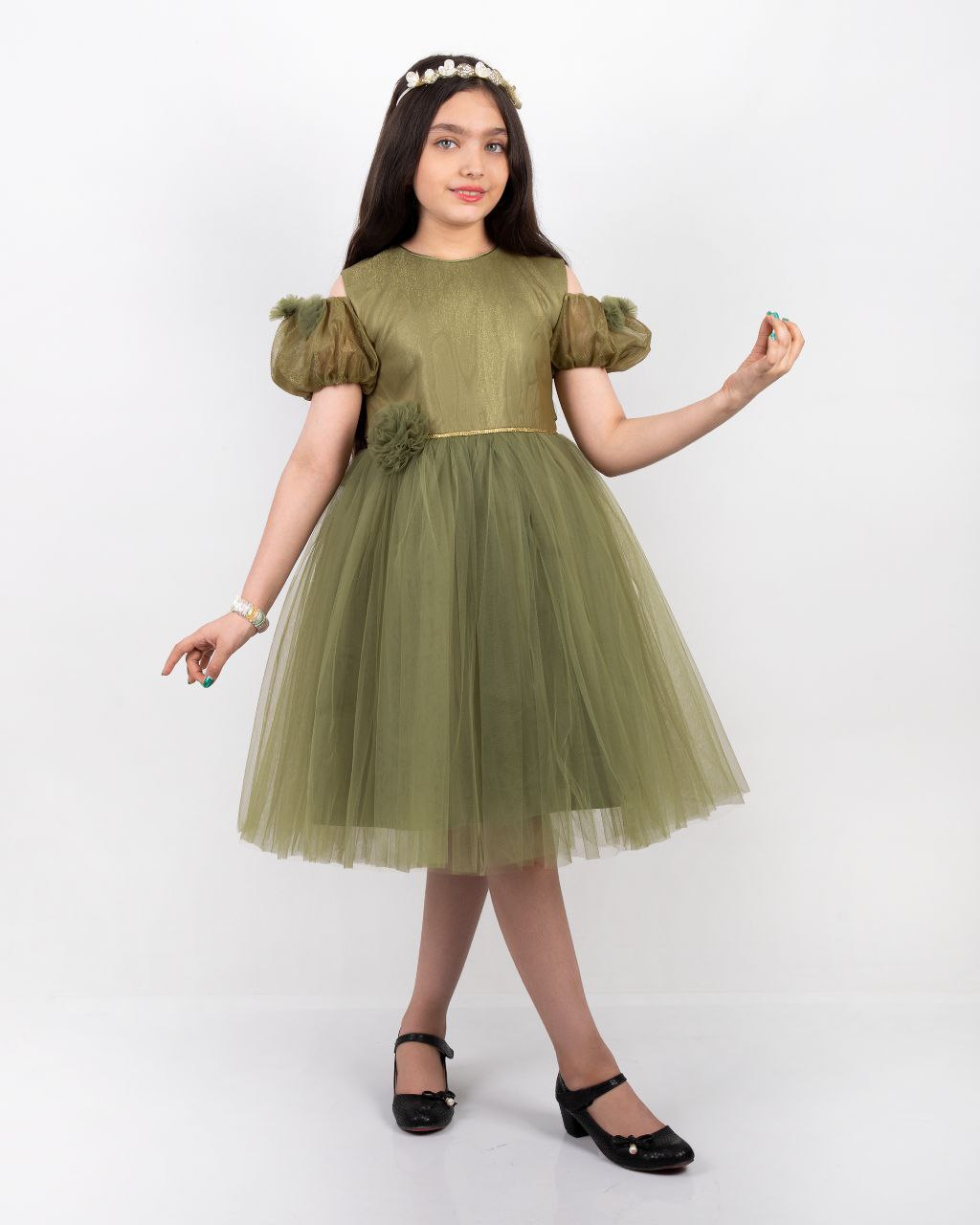 پیراهن دخترانه مجلسی آستین پفی گلدار سبز مدل هلنا