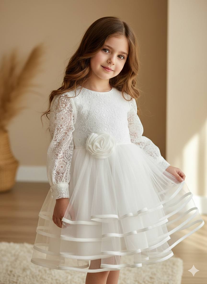 حراج پیراهن دخترانه مجلسی سفید طرح گیپور دامن طبقه ای مدل دنیز (سایز 1)